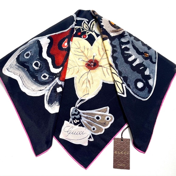 New Gucci Scarf Logo Kris Knight Butterfly Flora Black Silk Scarf - Picture 13 of 13
